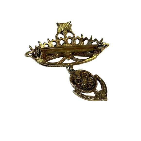 Vintage Gold-Tone Crown Brooch With Blue Rhinestones & Pearls - Picture 5 of 5
